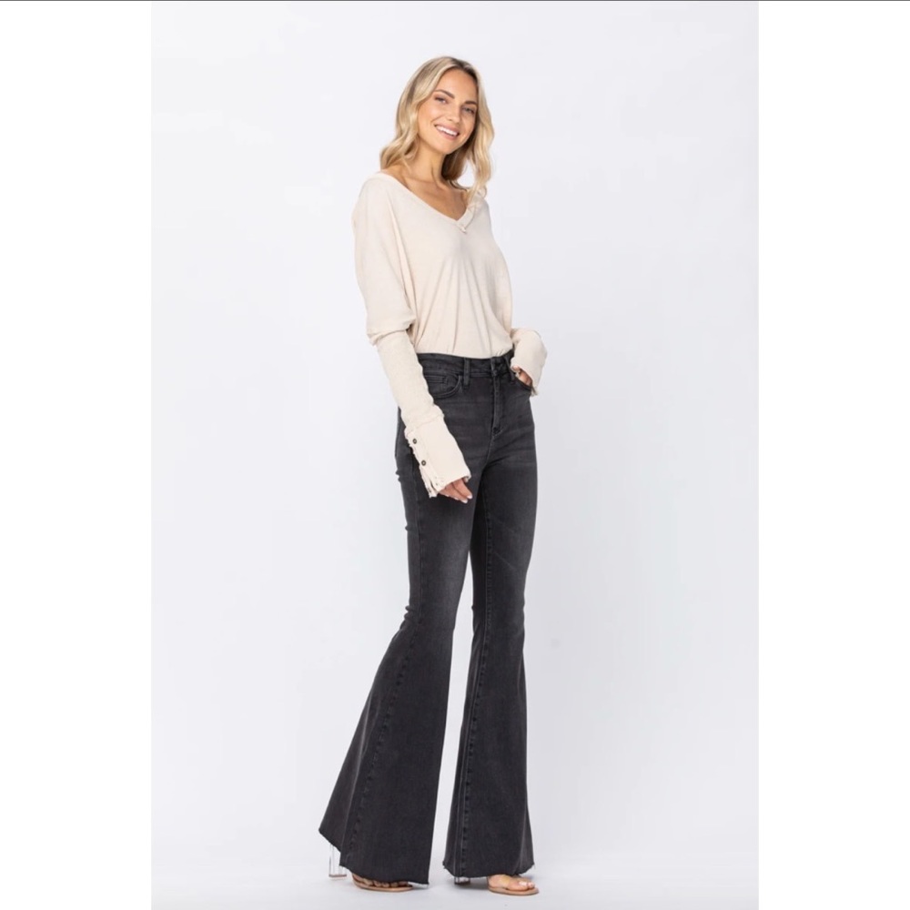 Jude Blue Black Stretch High Rise Super Flare 70s Retro Denim Jeans Hippie Boho